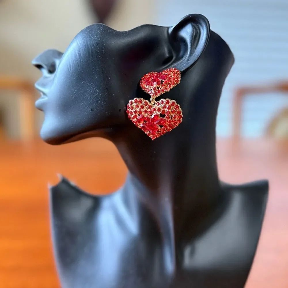 Statement Dangle Earrings Red Crystal Rhinestone with Gold Tone Back Jewelry